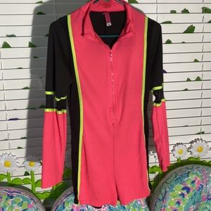 True Rock short pink romper with black and neon yellow